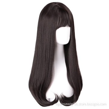 Vigorous Natural Straight Hair Wigs for Black Women Black Brown Synthetic Wigs with Blunt Bang Middle Part Heat Resistant Wig